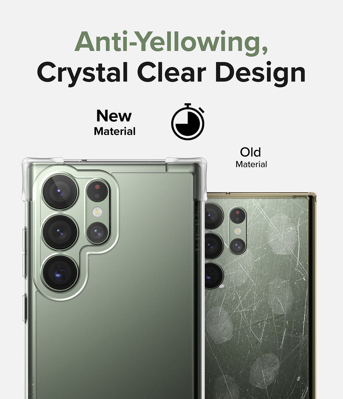 Galaxy S23 Ultra Case | Fusion Bumper - Comparison of a clear, scratch-free case versus an old, yellowed, scratched case.