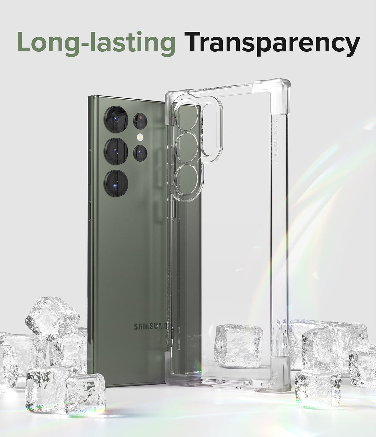 Galaxy S23 Ultra Case | Fusion Bumper - Green smartphone next to a clear protective case surrounded by ice cubes.