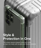 Galaxy S23 Ultra Case | Fusion Bumper - A clear phone case with a green bumper resting against a metallic suitcase.