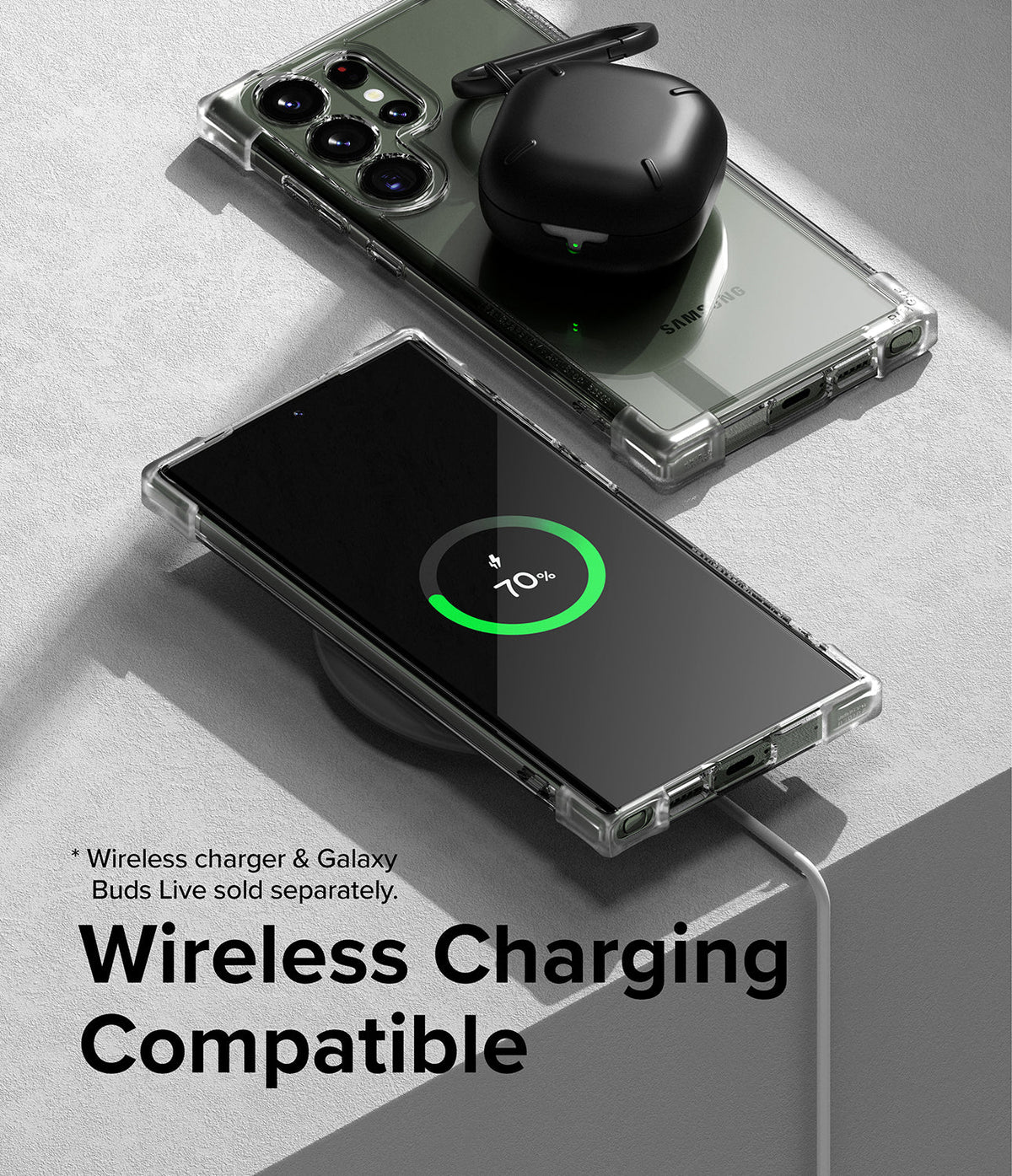 Galaxy S23 Ultra Case | Fusion Bumper - Clear case on a phone wirelessly charging with earbuds resting on top.