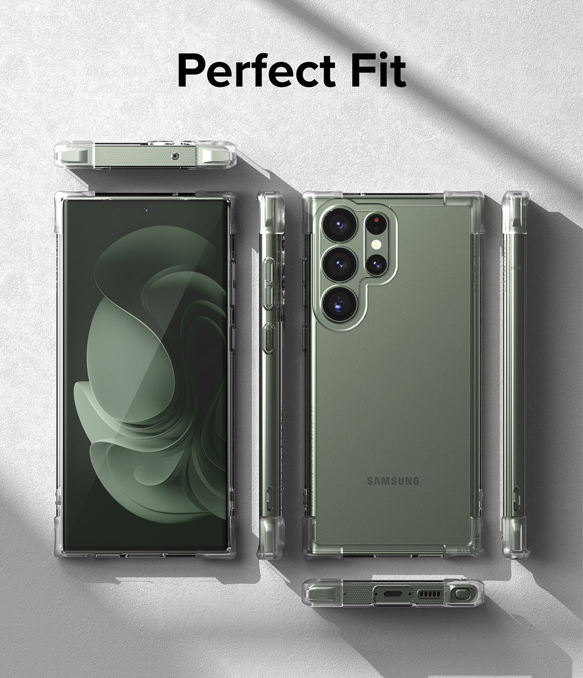Galaxy S23 Ultra Case | Fusion Bumper - Clear phone case shown from multiple angles around a green Galaxy S23 Ultra.