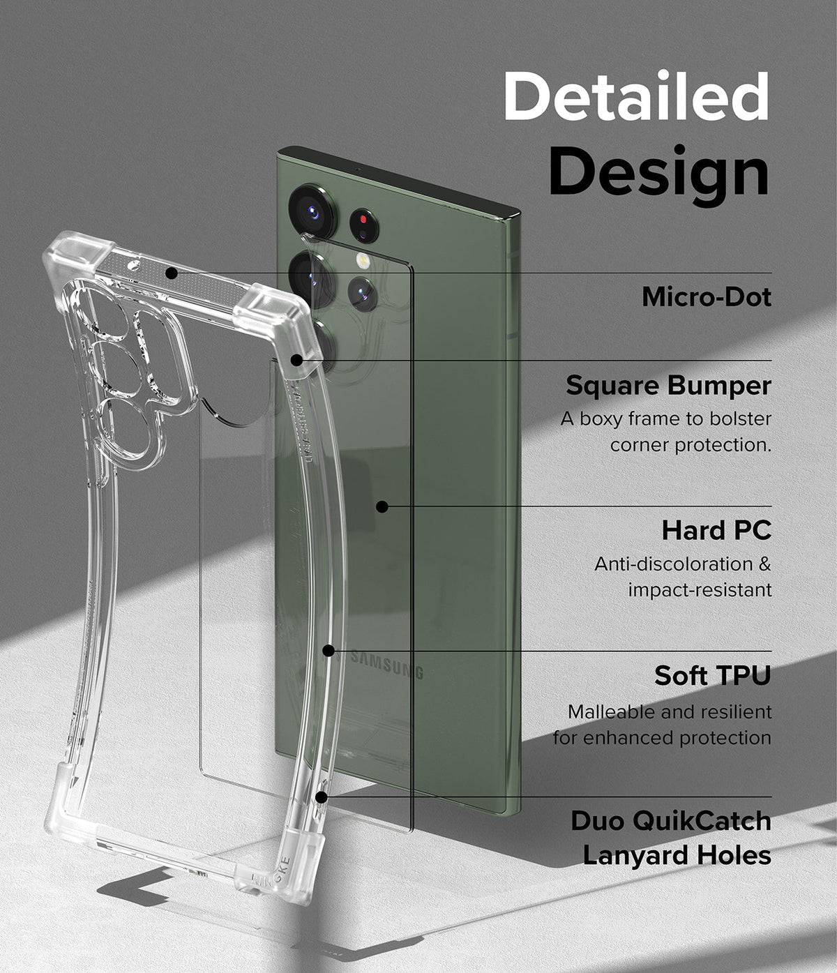 Galaxy S23 Ultra Case | Fusion Bumper - Exploded view of a clear phone case highlighting bumper, PC, TPU, and lanyard features.