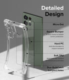 Galaxy S23 Ultra Case | Fusion Bumper - Exploded view of a clear phone case highlighting bumper, PC, TPU, and lanyard features.