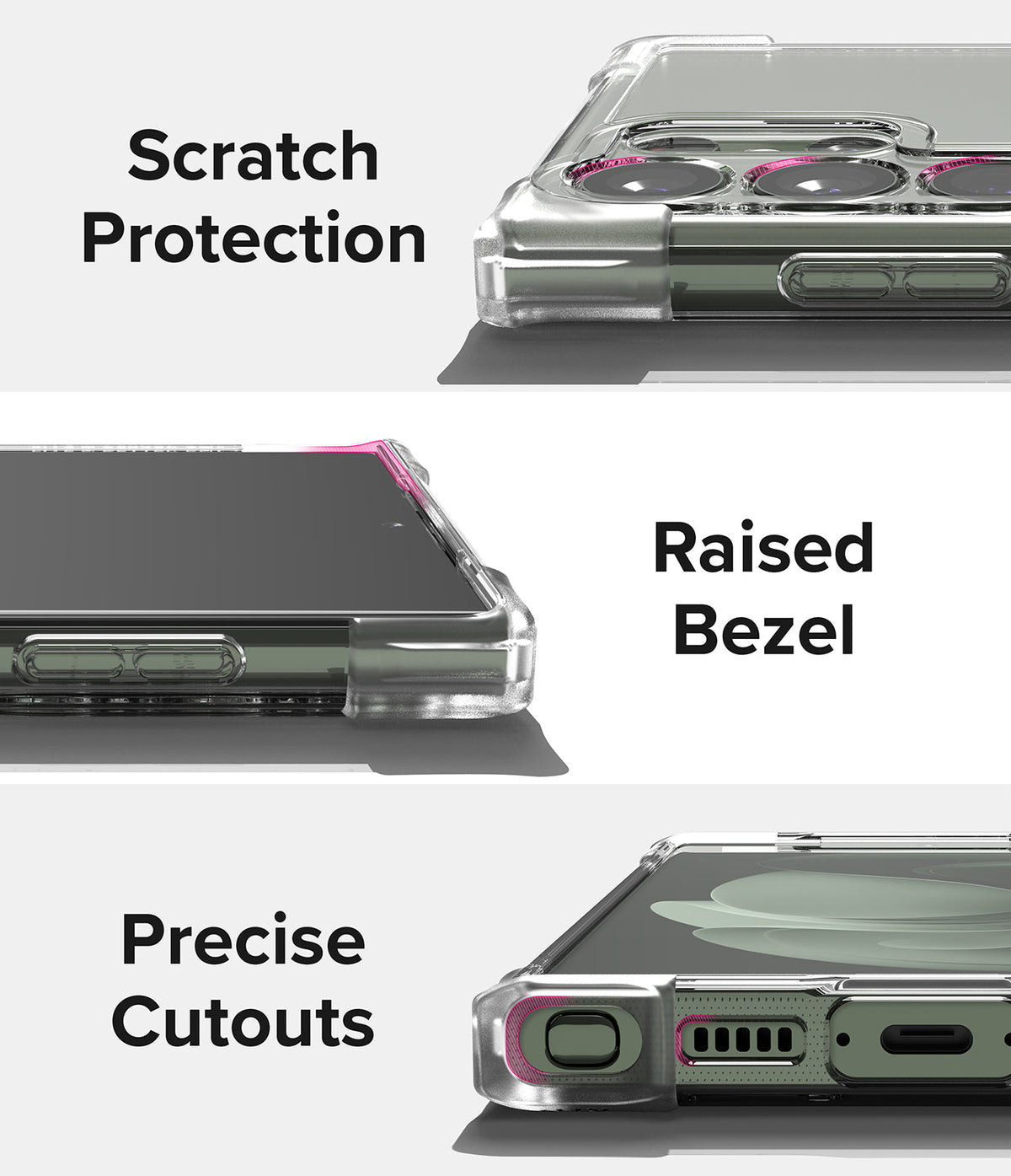 Galaxy S23 Ultra Case | Fusion Bumper - Close-ups showing scratch protection, raised screen bezels, and precise port cutouts.