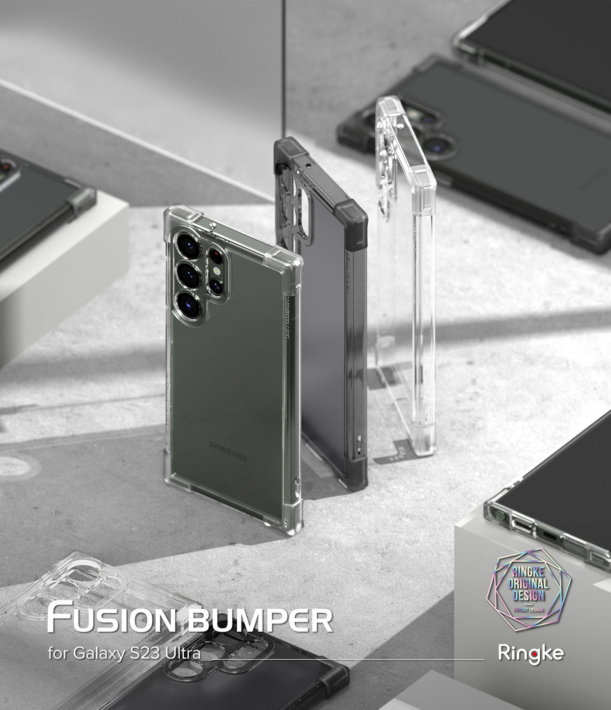 Galaxy S23 Ultra Case | Fusion Bumper - Clear and matte black protective phone cases arranged on a grey surface.