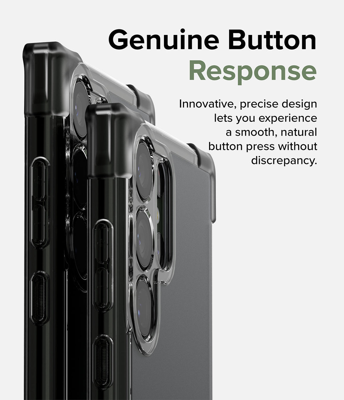 Galaxy S23 Ultra Case | Fusion Bumper - Close-up of phone side buttons on a clear protective case with black bumpers.