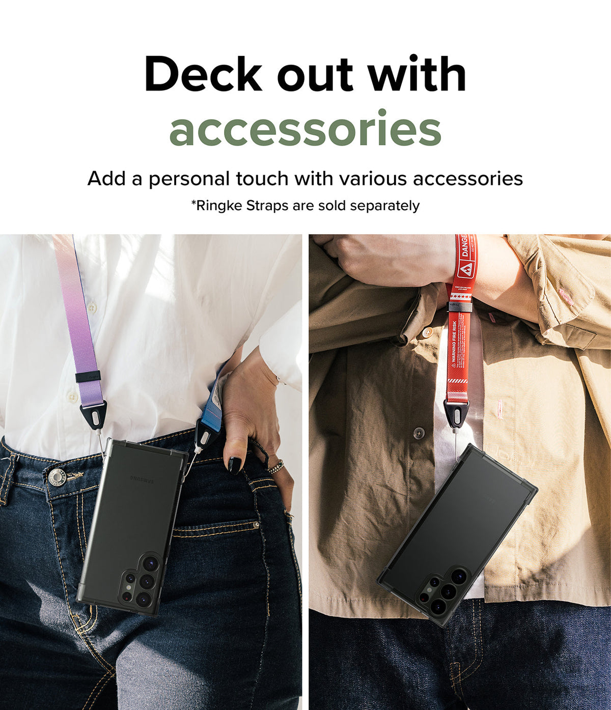 Galaxy S23 Ultra Case | Fusion Bumper - Two people wearing Galaxy S23 Ultra phones with colorful neck and wrist straps.