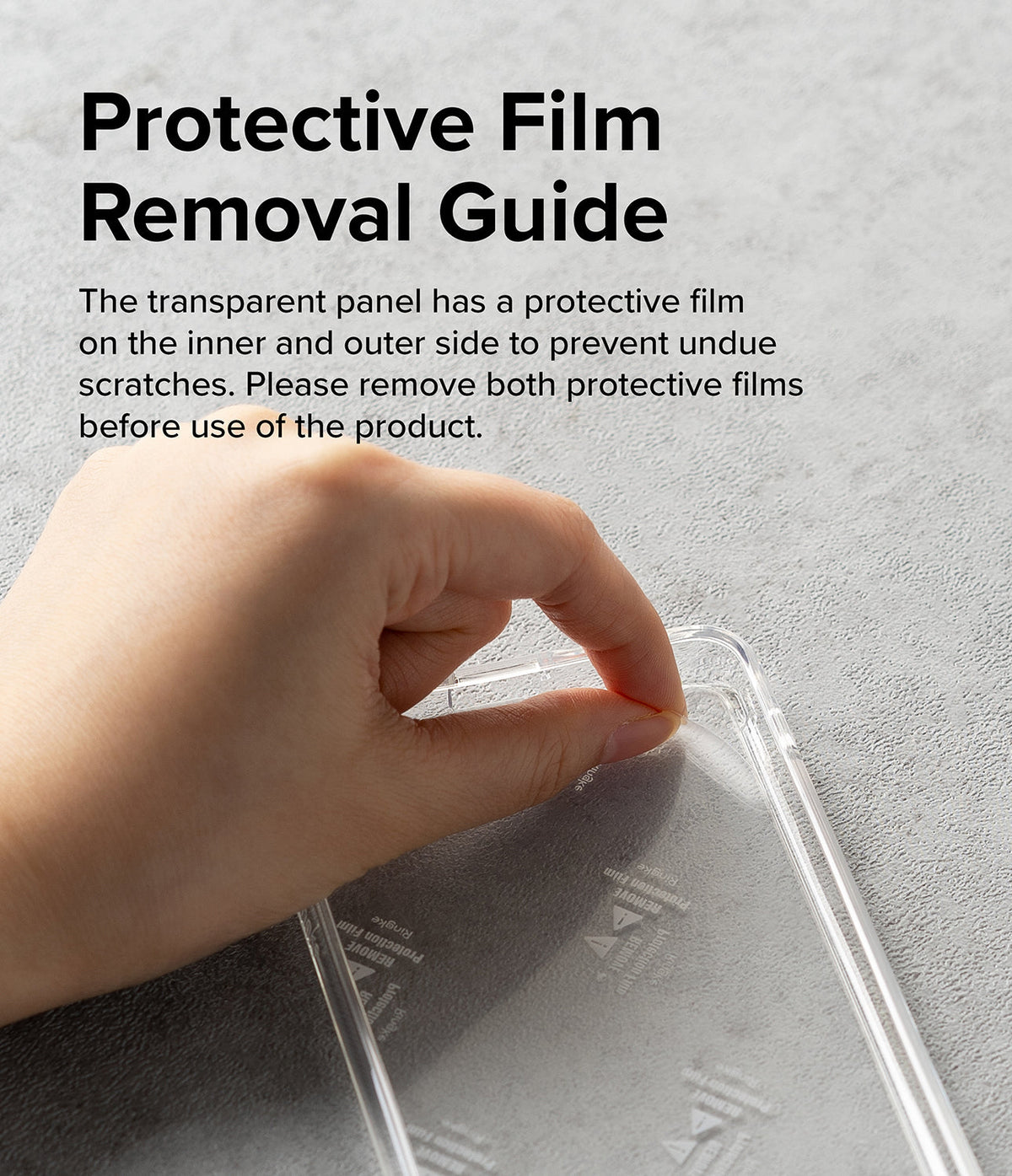 Galaxy S23 Ultra Case | Fusion Bumper - Hand peeling protective film off a clear phone case with instructional text.