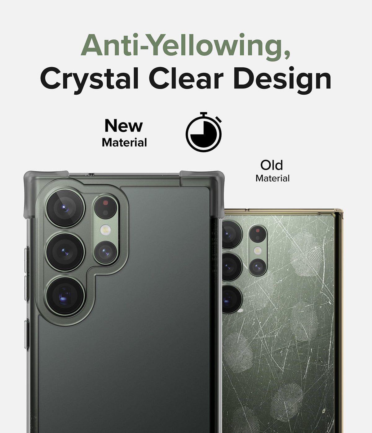 Galaxy S23 Ultra Case | Fusion Bumper - Comparison of a clear, pristine phone case versus a yellowed, scratched one.