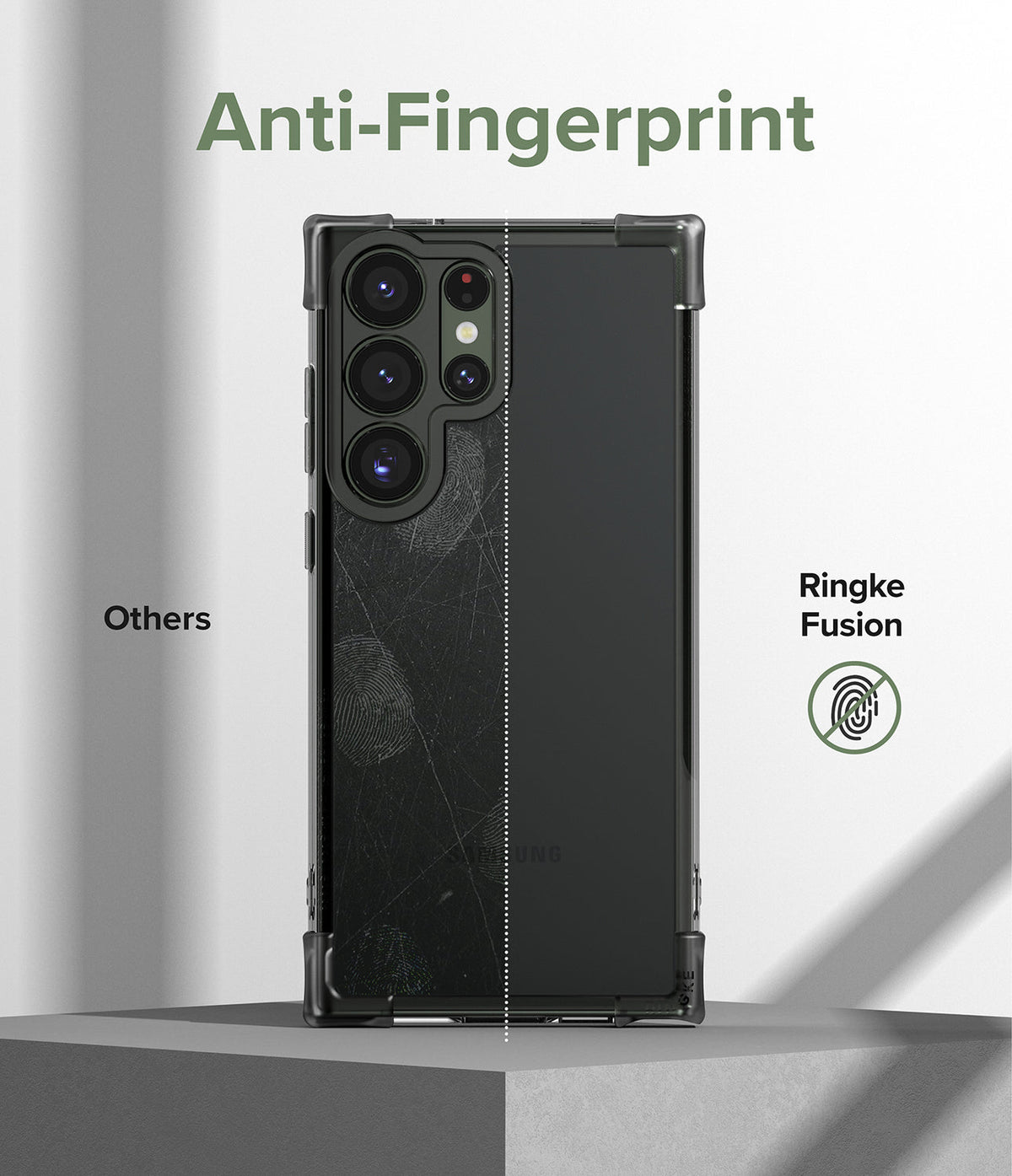 Galaxy S23 Ultra Case | Fusion Bumper - Comparison showing a fingerprint-covered phone case versus a clean Ringke Fusion case.