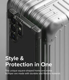 Galaxy S23 Ultra Case | Fusion Bumper - A black phone case with reinforced corner bumpers resting against a silver suitcase.