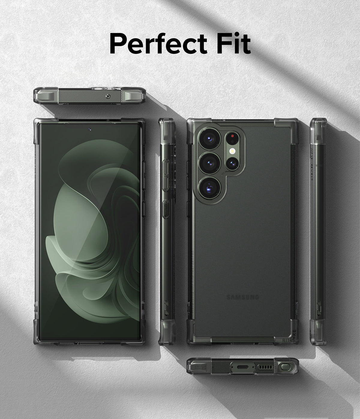 Galaxy S23 Ultra Case | Fusion Bumper - Multiple views of a clear phone case on a Galaxy S23 Ultra against a gray background.