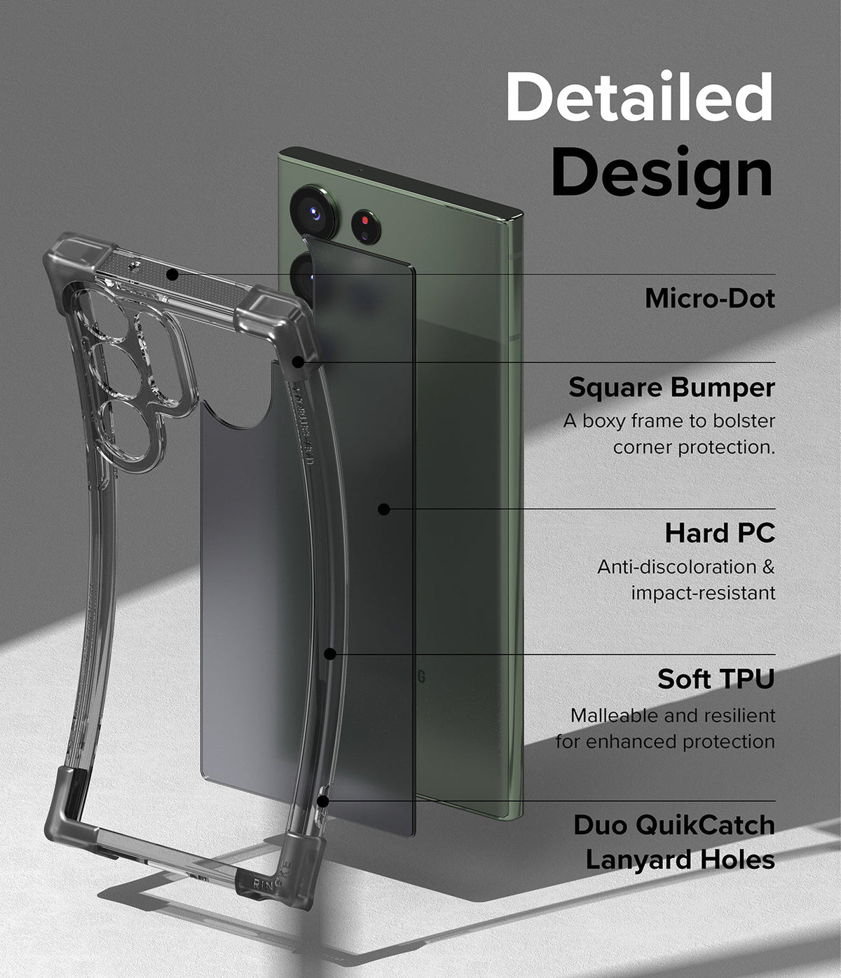 Galaxy S23 Ultra Case | Fusion Bumper - Exploded view of a phone case highlighting bumper, PC, TPU, and lanyard features.