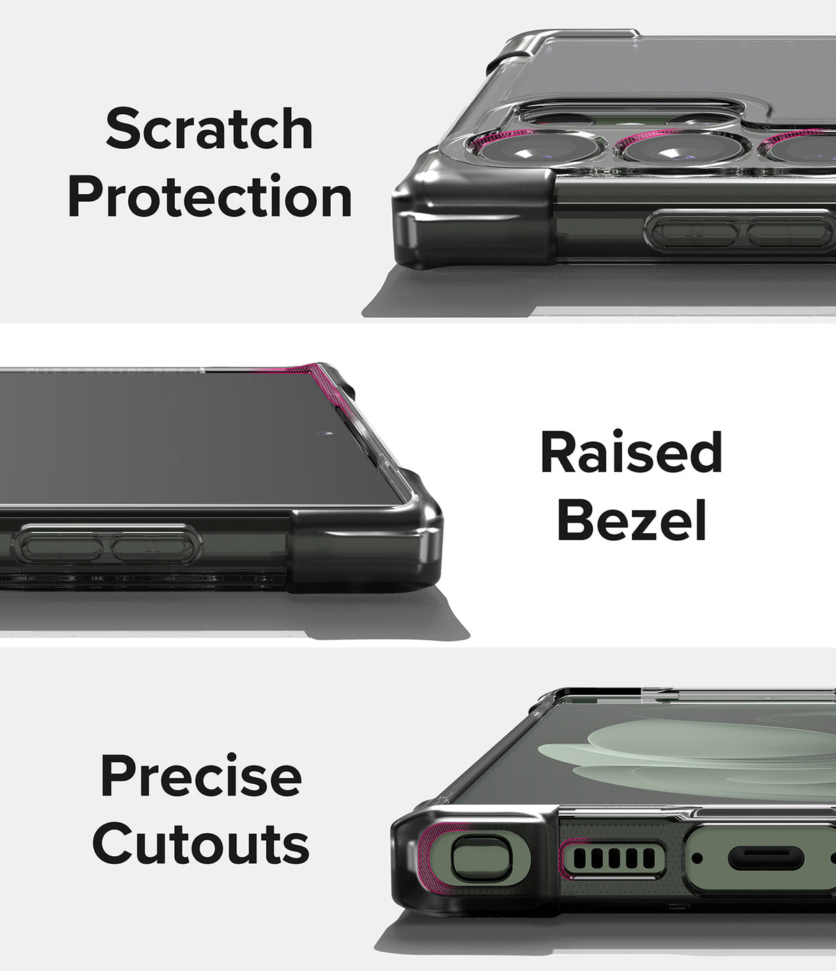 Galaxy S23 Ultra Case | Fusion Bumper - Three close-up views highlighting scratch protection, raised bezels, and precise cutouts.