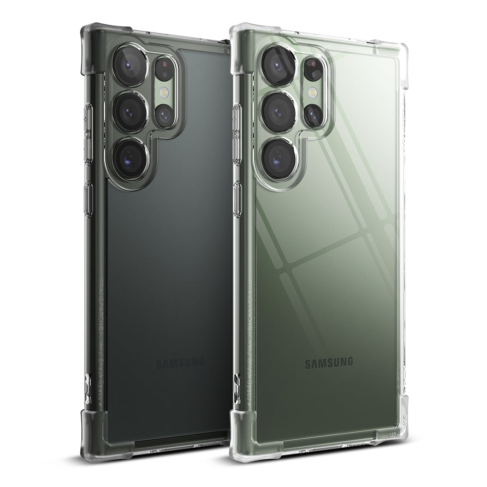 Galaxy S23 Ultra Case | Fusion Bumper - Two Galaxy S23 Ultra phones in clear bumper cases, one black and one green.