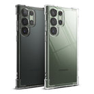 Galaxy S23 Ultra Case | Fusion Bumper - Two Galaxy S23 Ultra phones in clear bumper cases, one black and one green.
