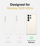 Galaxy S23 Ultra Case | Fusion Design - Comparison chart showing Galaxy S23, S23+, and S23 Ultra with a green check for the 6.8-inch Ultra.