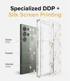 Galaxy S23 Ultra Case | Fusion Design - Exploded view showing DDP and silk screen printing layers on a floral phone case.