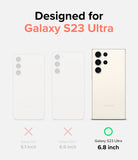 Galaxy S23 Ultra Case | Fusion Design - Comparison chart showing Galaxy S23, S23+, and S23 Ultra with a checkmark for the 6.8-inch Ultra.