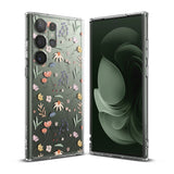 Galaxy S23 Ultra Case | Fusion Design - Clear phone case with colorful floral pattern on a green Galaxy S23 Ultra.