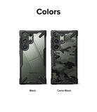 Galaxy S23 Ultra Case | Fusion-X - Two Galaxy S23 Ultra cases in Black and Camo Black with rugged frames and clear or patterned backs.