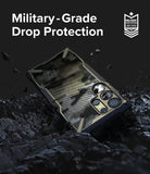 Galaxy S23 Ultra Case | Fusion-X - Camouflage phone case on dark, rocky ground with military-grade drop protection text.