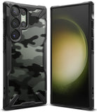 Galaxy S23 Ultra Case | Fusion-X - Black camouflage phone case with rugged bumpers shown from front and back angles.