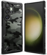 Galaxy S23 Ultra Case | Fusion-X - Black camouflage phone case with rugged bumpers shown from front and back angles.