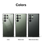 Galaxy S23 Ultra Case | Fusion - Three Galaxy S23 Ultra phones in Clear, Matte Clear, and Matte Smoke Black cases.