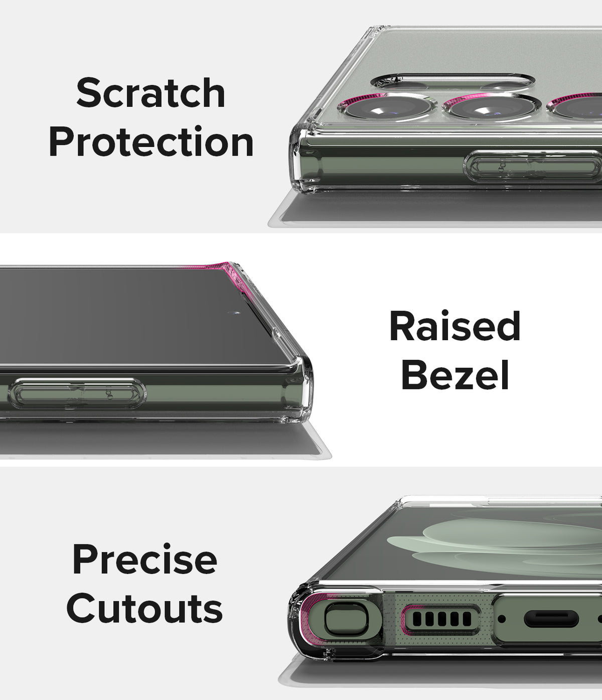 Galaxy S23 Ultra Case | Fusion Magnetic Matte - Close-ups showing camera protection, raised screen bezels, and ports.