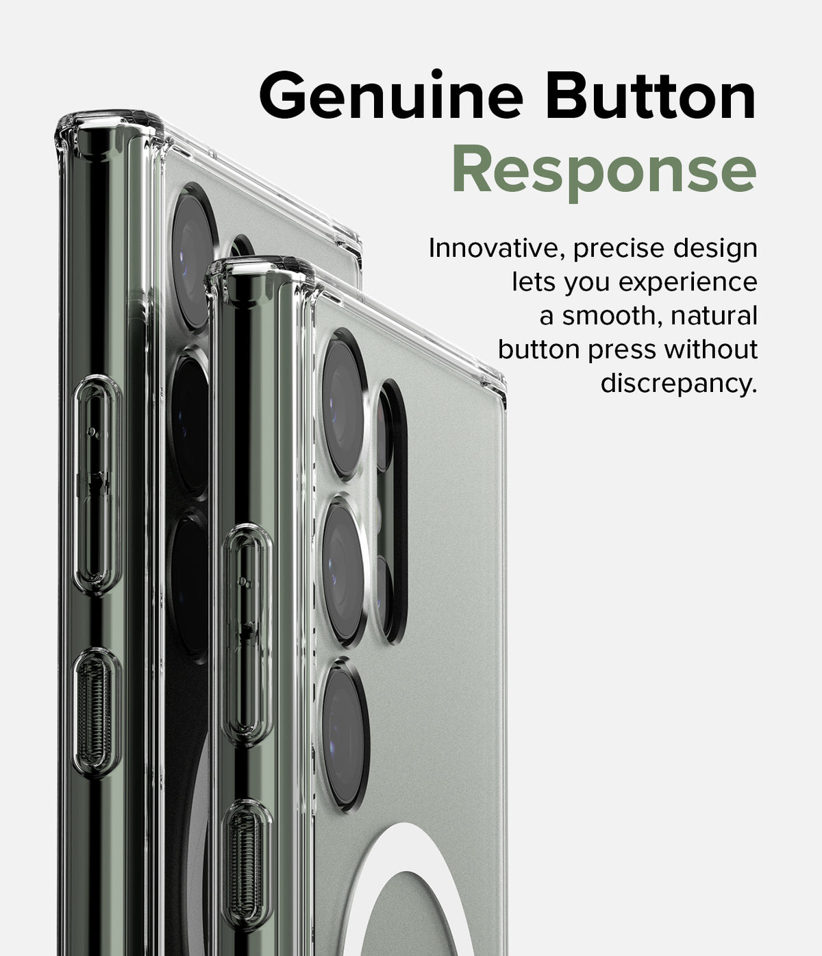 Galaxy S23 Ultra Case | Fusion Magnetic Matte - Close-up of phone side buttons on a clear protective case.