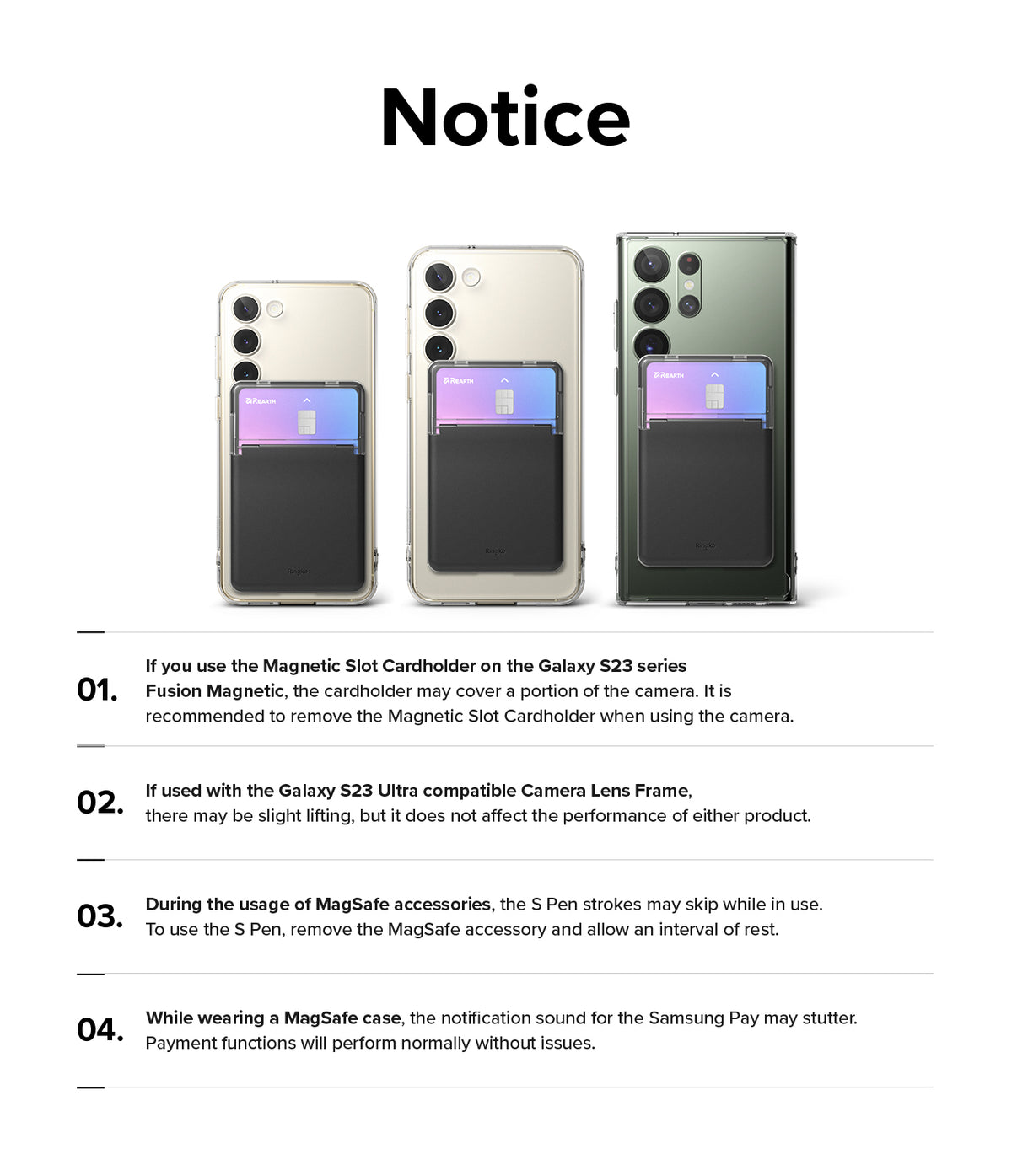 Galaxy S23 Ultra Case | Fusion Magnetic Matte - Notice infographic showing three Galaxy S23 phones with magnetic cardholders.
