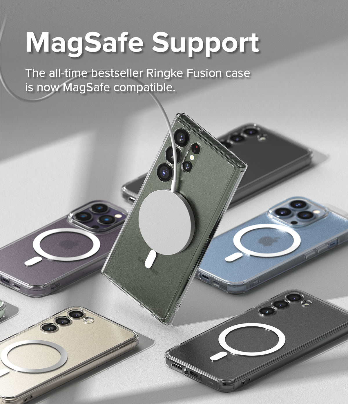 Galaxy S23 Ultra Case | Fusion Magnetic Matte - Multiple smartphones in magnetic cases with a MagSafe charger attached.