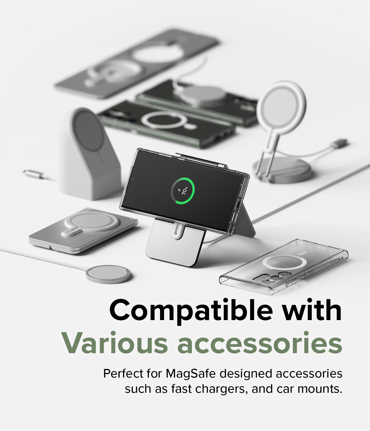 Galaxy S23 Ultra Case | Fusion Magnetic Matte - Phone case displayed with various magnetic chargers and stands.