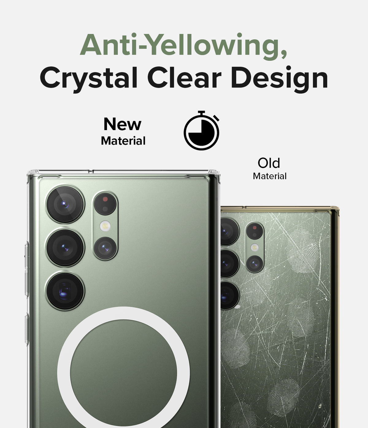 Galaxy S23 Ultra Case | Fusion Magnetic Matte - Comparison showing a clear, scratch-free new case versus a yellowed, scratched old case.