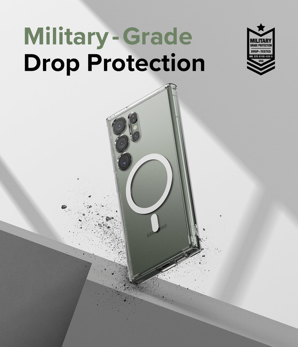 Galaxy S23 Ultra Case | Fusion Magnetic Matte - A phone case with a magnetic ring, floating above a textured surface.