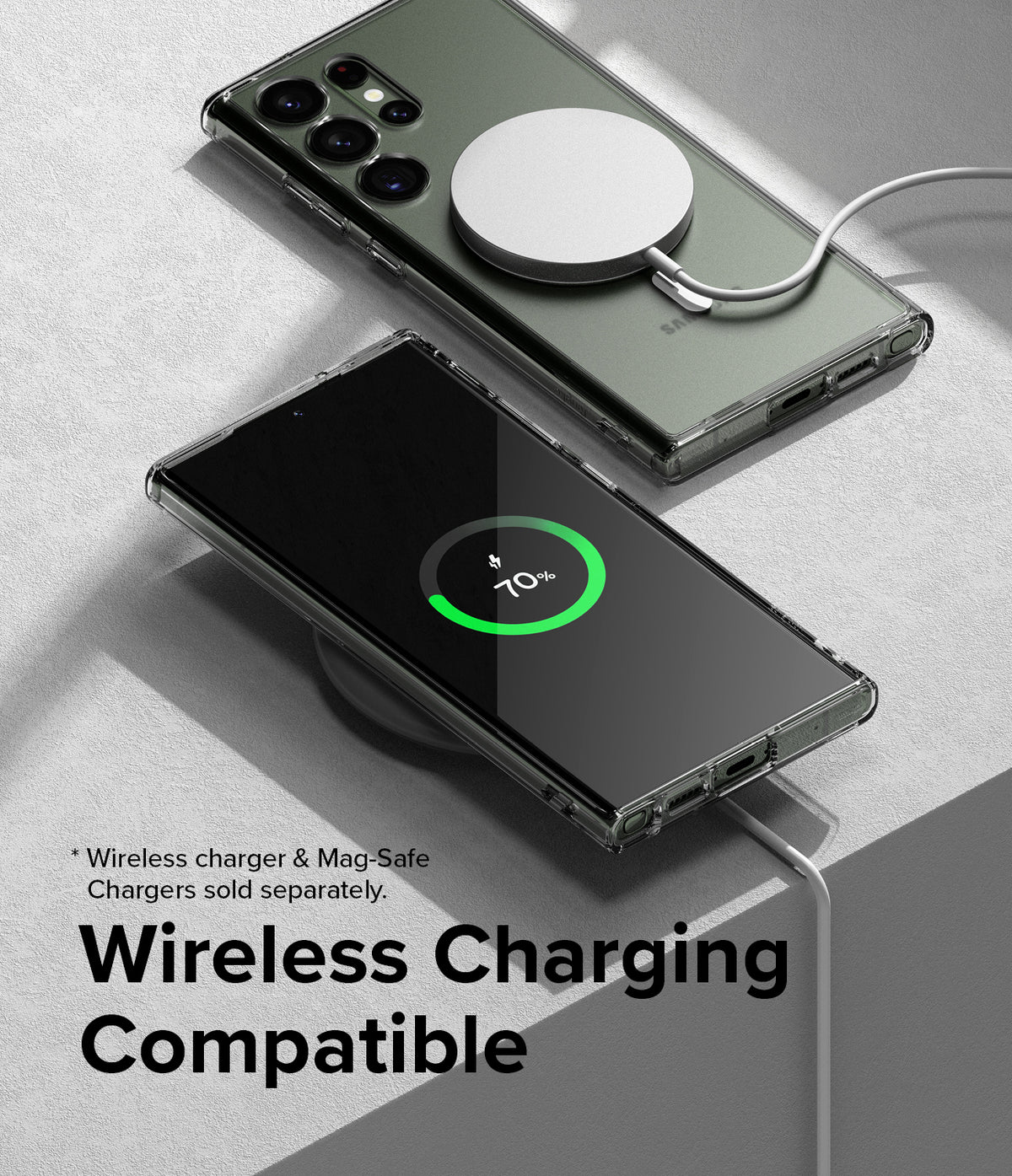 Galaxy S23 Ultra Case | Fusion Magnetic Matte - Two phones in clear cases, one magnetic charging and one wireless.