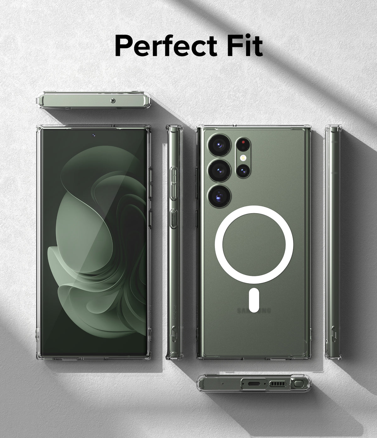 Galaxy S23 Ultra Case | Fusion Magnetic Matte - Multiple views of a green phone in a clear magnetic case on gray.