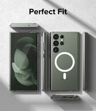 Galaxy S23 Ultra Case | Fusion Magnetic Matte - Multiple views of a green phone in a clear magnetic case on gray.