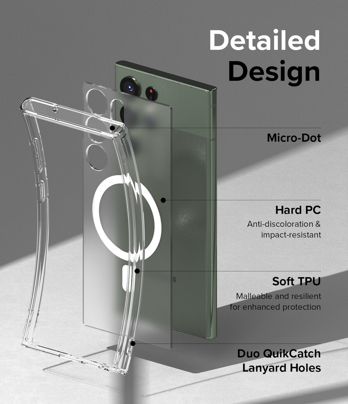 Galaxy S23 Ultra Case | Fusion Magnetic Matte - Exploded view of phone case layers highlighting materials and features.
