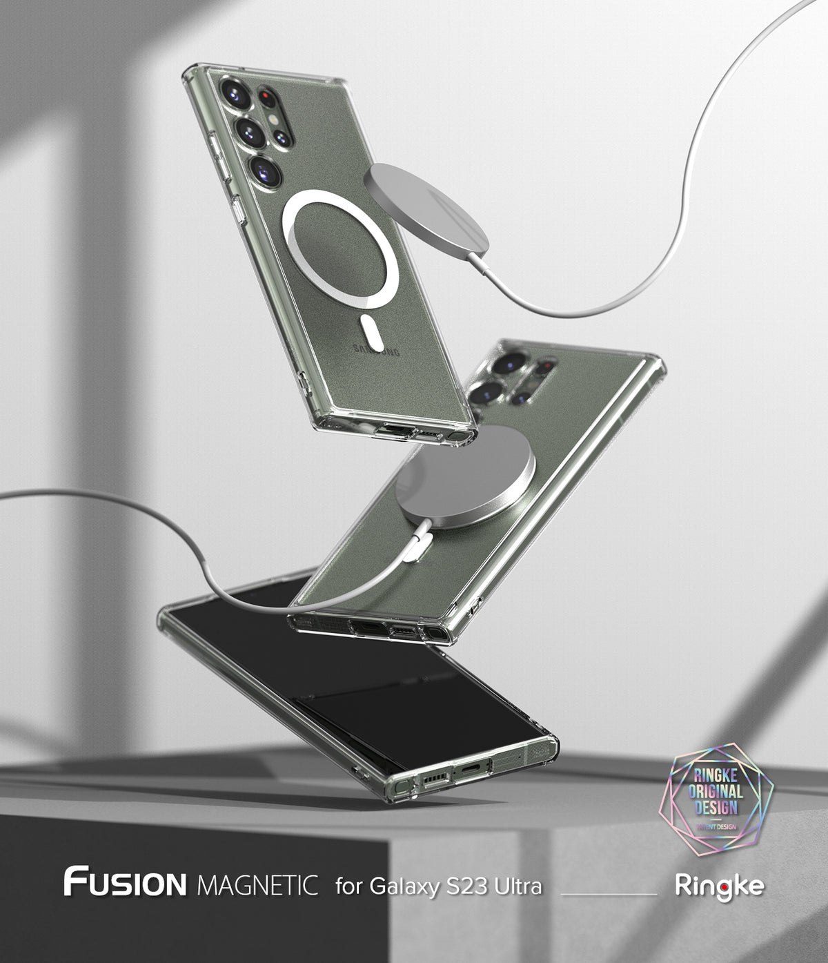 Galaxy S23 Ultra Case | Fusion Magnetic Matte - Three Galaxy S23 Ultra phones in magnetic cases floating with chargers.