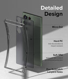 Galaxy S23 Ultra Case | Fusion - Exploded view of a clear phone case highlighting micro-dots, hard PC, soft TPU, and lanyard holes.