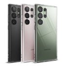 Galaxy S23 Ultra Case | Fusion - Three Galaxy S23 Ultra phones in black, pink, and green, each wearing a clear Fusion case.