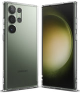 Galaxy S23 Ultra Case | Fusion - Clear protective case on a green Samsung Galaxy S23 Ultra, showing front and back views.