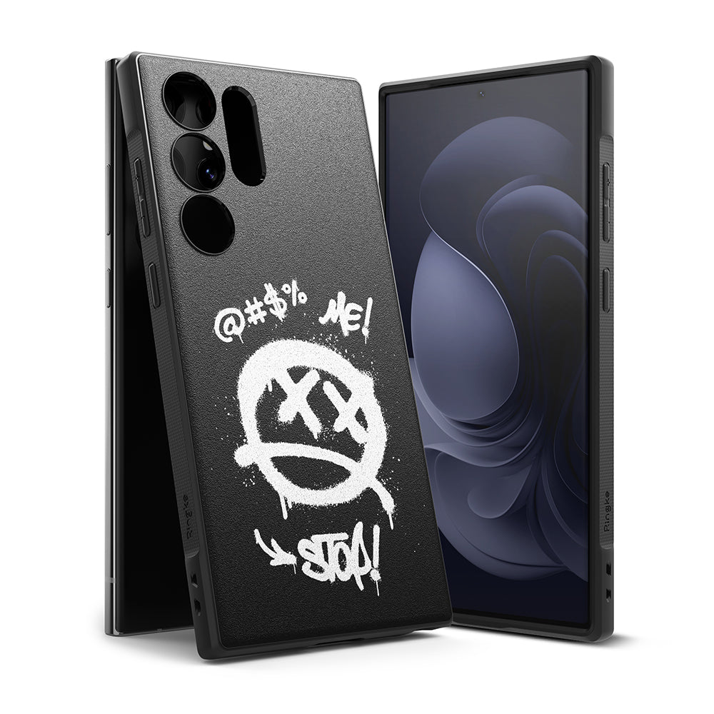 Galaxy S23 Ultra Case | Onyx Design - Black phone case with white graffiti-style dead-face icon and text on back.