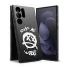 Galaxy S23 Ultra Case | Onyx Design - Black phone case with white graffiti-style dead-face icon and text on back.