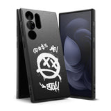 Galaxy S23 Ultra Case | Onyx Design - Black phone case with white graffiti-style dead-face icon and text on back.