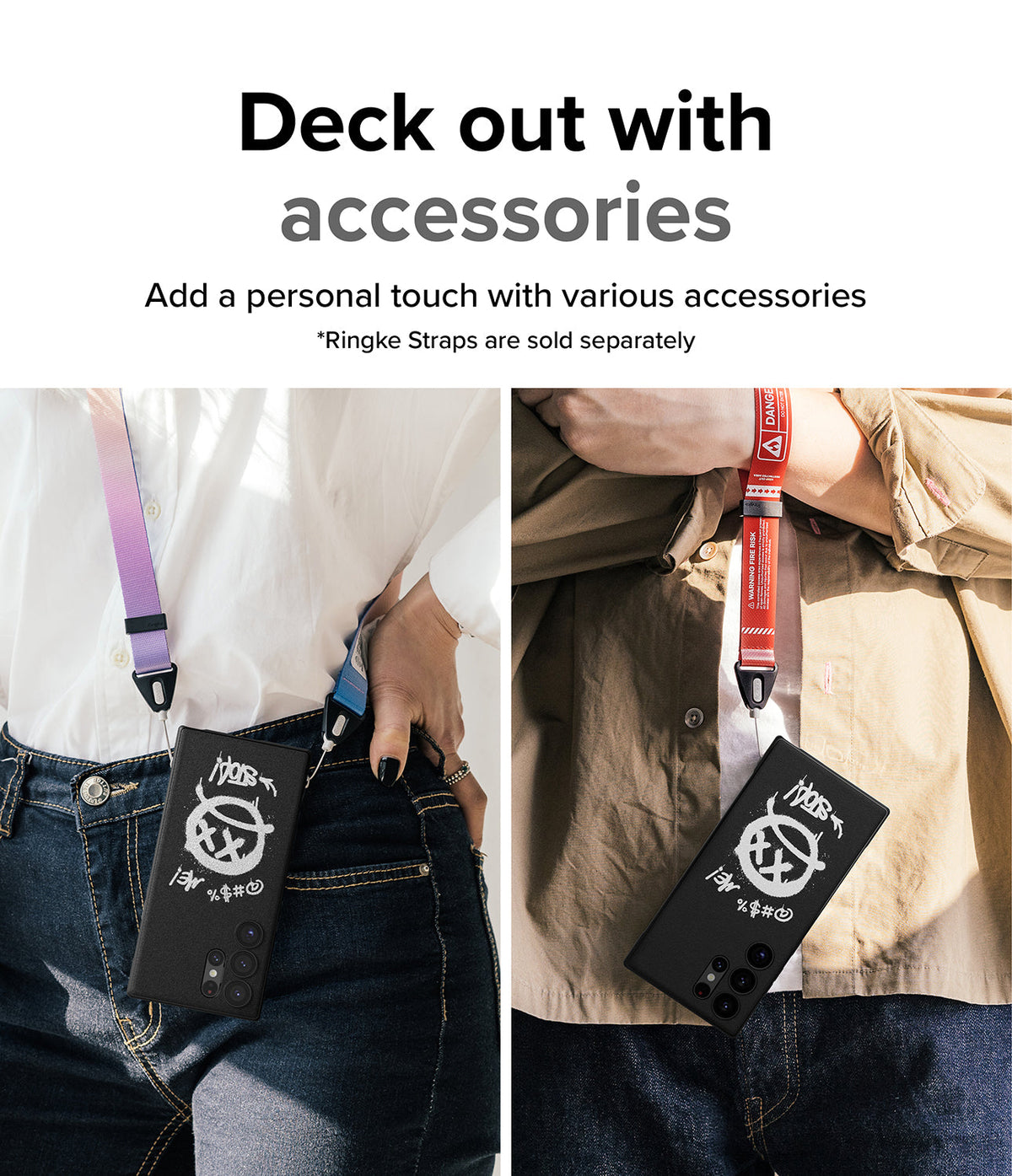 Galaxy S23 Ultra Case | Onyx Design - Two people wearing black phone cases with graffiti art, attached to colorful neck straps.