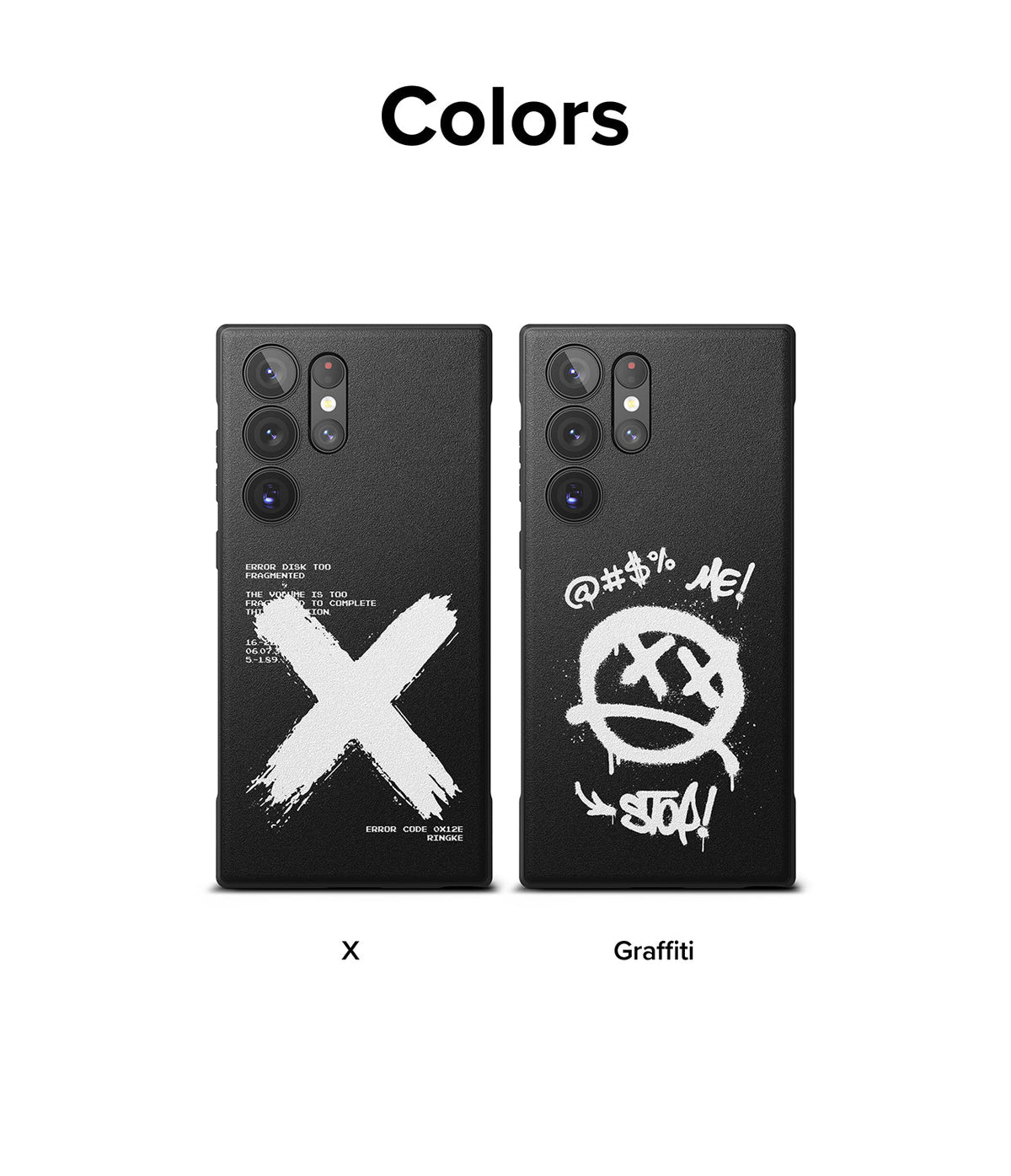 Galaxy S23 Ultra Case | Onyx Design - Two black phone cases with white X and graffiti-style graphics on the back.