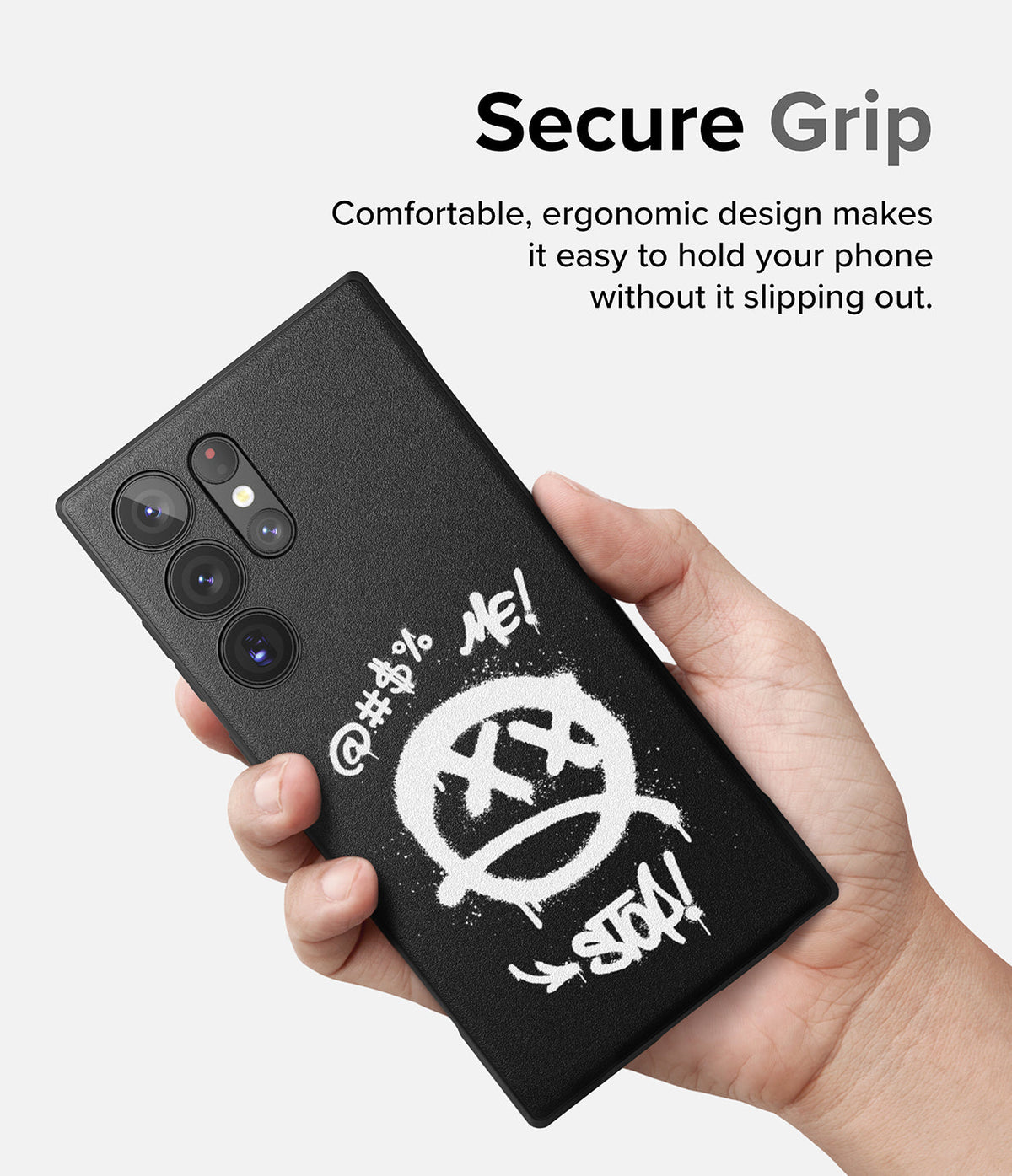 Galaxy S23 Ultra Case | Onyx Design - Hand holding a black phone case with white graffiti art featuring a dead smiley face.